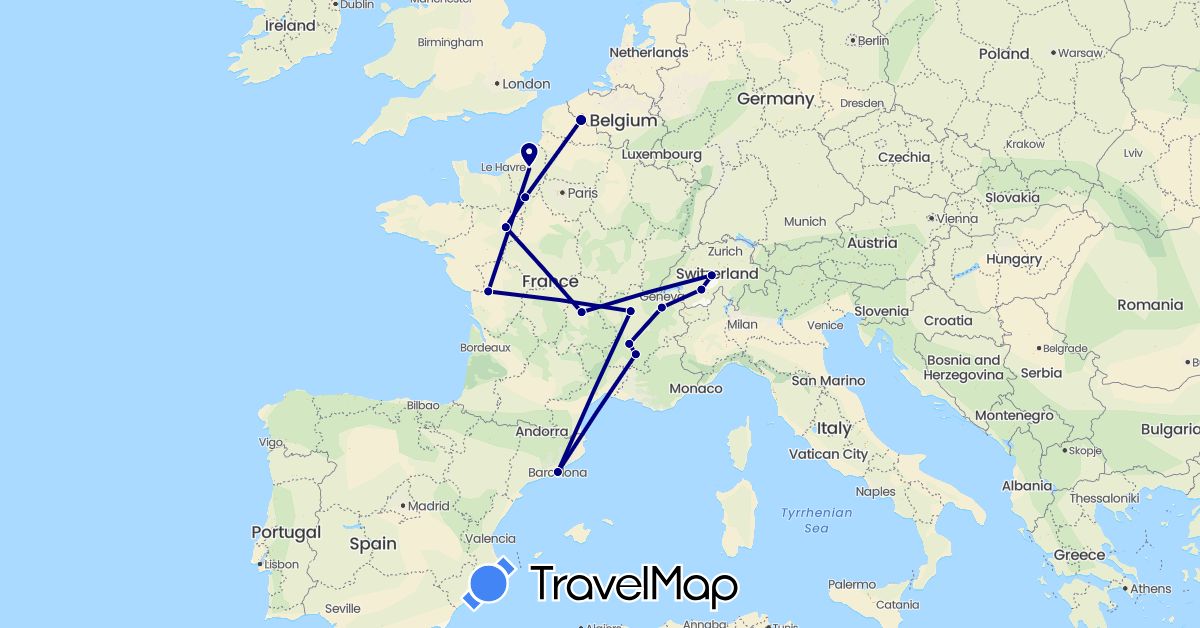 TravelMap itinerary: driving in Switzerland, Spain, France (Europe)